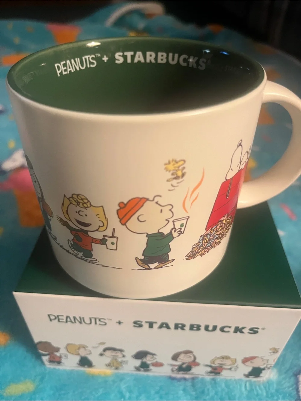 Peanuts Starbucks Kids Mug White with Green Interior and Multicolor Characters